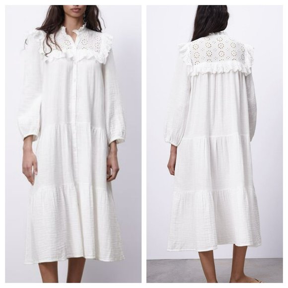 Zara Dresses Zara Ecru Tiered Gauze Midi Dress Boho Cottagecore